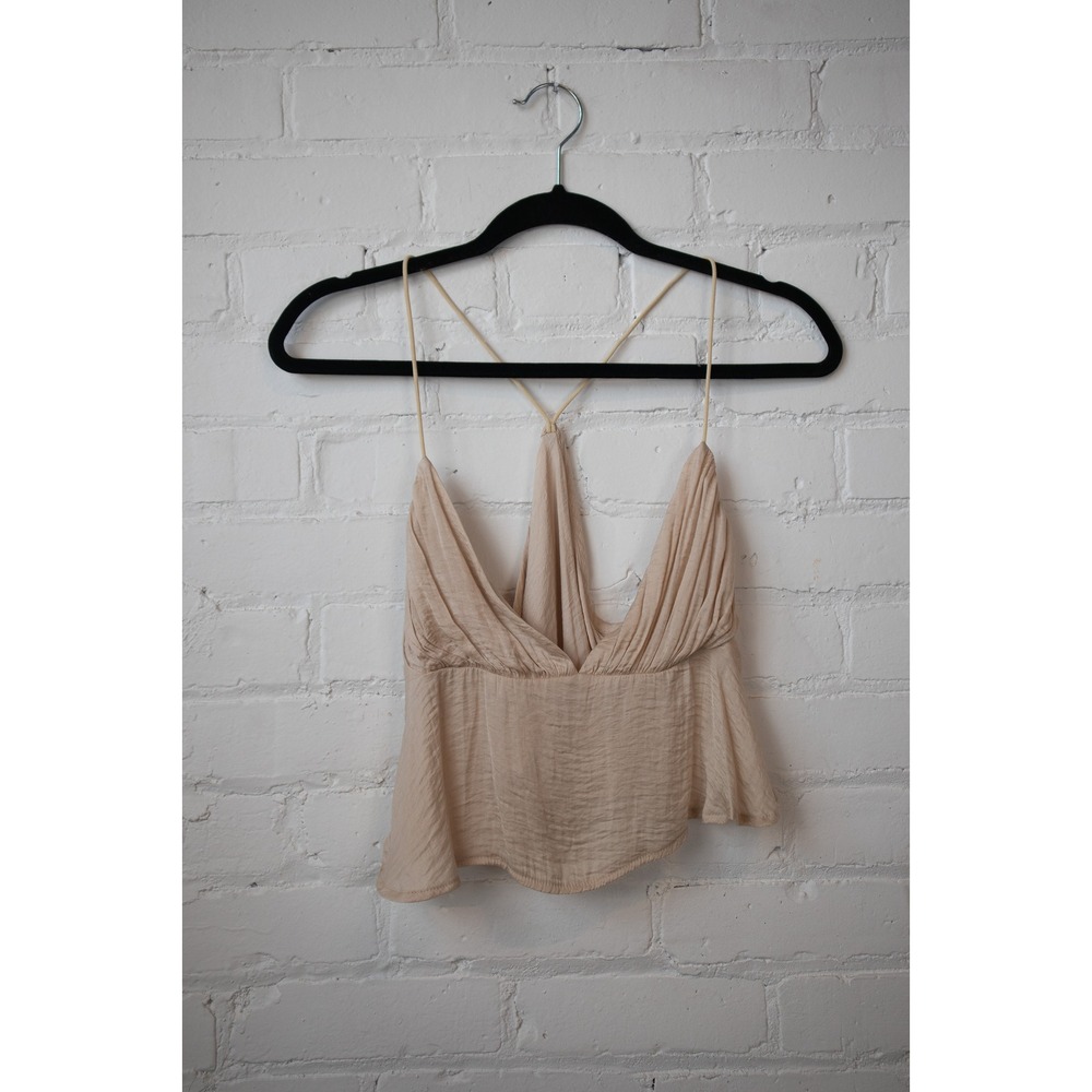 Champagne Satin Pleated V-Neck Cami Top Racerback Spaghetti Strap Peplum Hem
